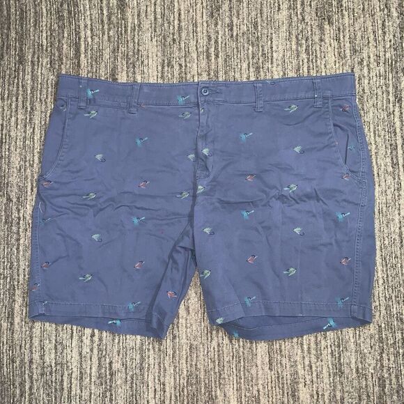 The Foundry Mens Size 54 Blue Fish Lure Pattern Bermuda Cotton Shorts Flat Front - Picture 1 of 7